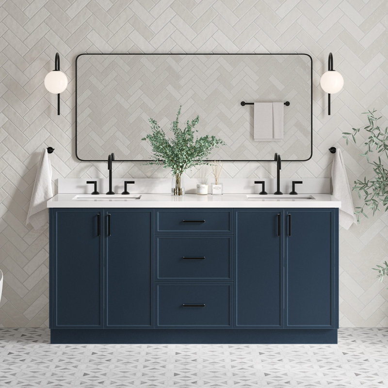 ARIEL Kelly 73 Double Sink Bathroom Vanity with Pure Quartz Top, Midnight Blue, Pure White Quartz, Rectangular
