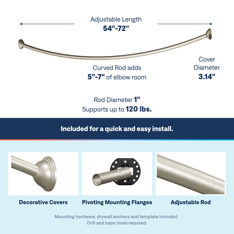 Moen 54-Inch to 72-Inch Adjustable Length Fixed Mount Single Curved Shower Curtain Rod, Brushed Nickel