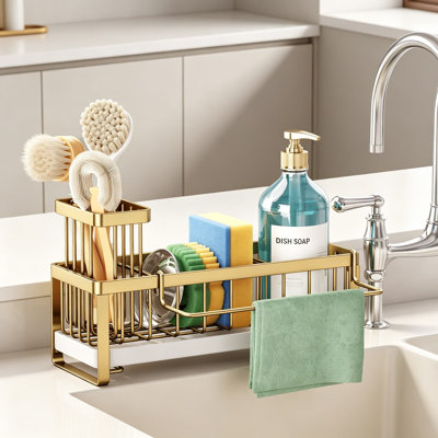 Sponge Holder for Kitchen Sink, Self-Draining Sponge Caddy with Brush Holder and Divider, Stainless Steel Kitchen Sink Organizer for Countertop, Dark Gold