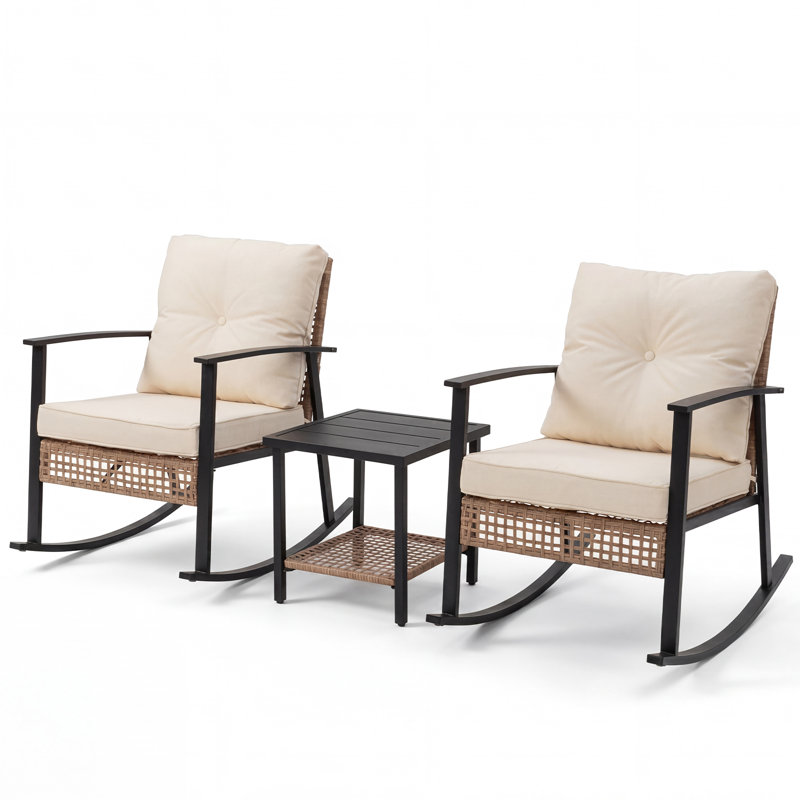 Ensemble bistro en rotin 3 pièces, table basse à 2 niveaux et coussins épais, ensemble de conversation pour patio toutes saisons pour jardin, balcon, gris