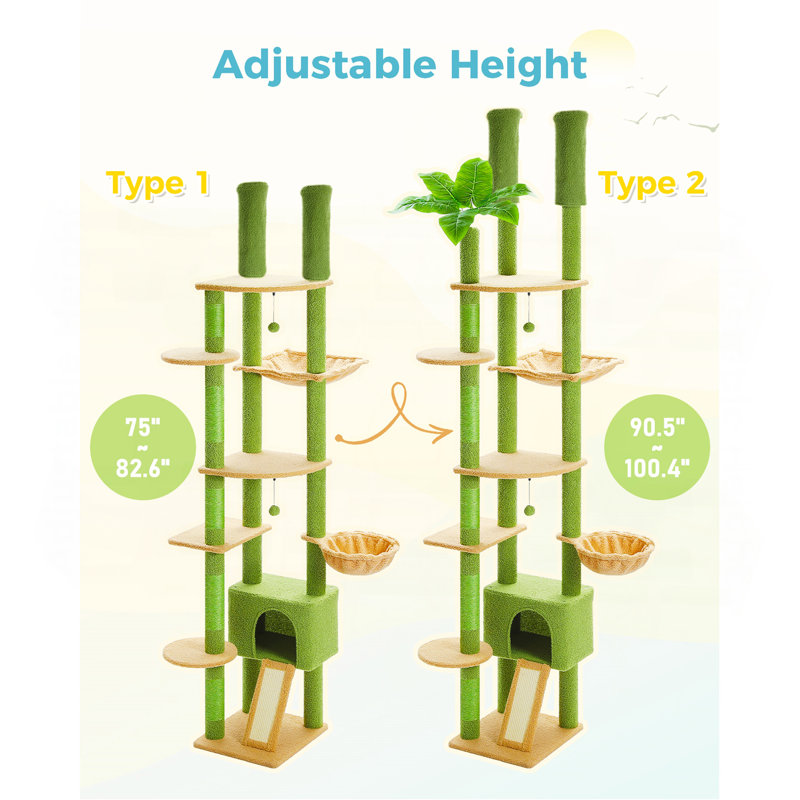 Arbre à chat avec cactus de 90,5 po à 100,4 po de hauteur, Vert