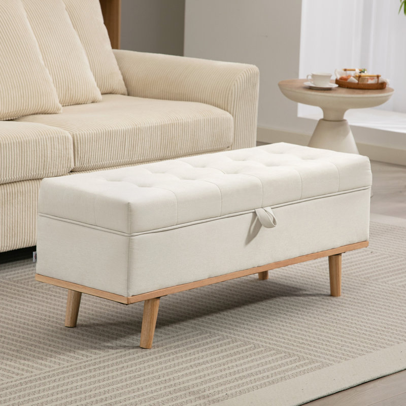 Repose-pieds avec rangement, repose-pieds avec couvercle relevable, pieds en bois, blanc crème