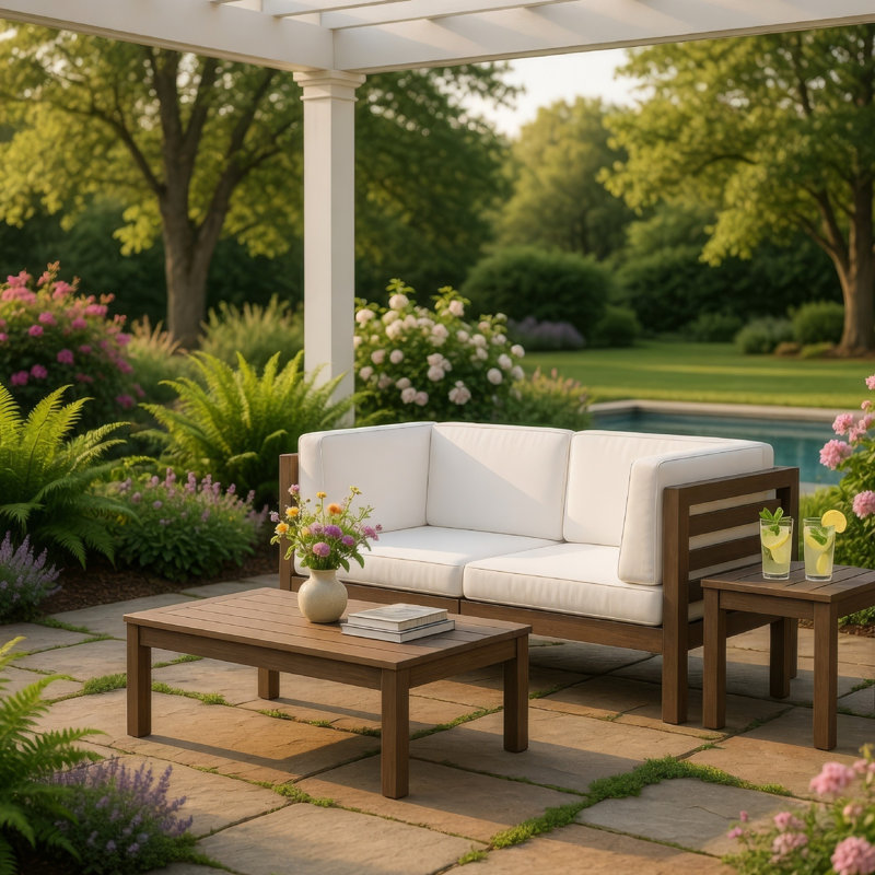 Causeuse d'extérieur Ony, chaises amovibles en bois d'acacia, coussins blancs