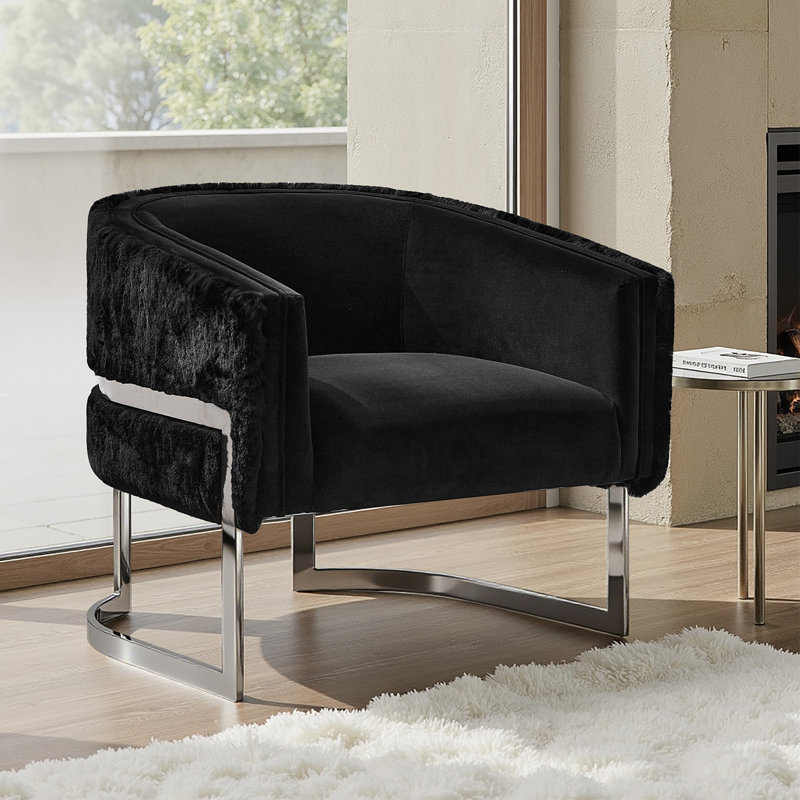Rosetta 31" W Glam Faux Fur Fully Assembled Barrel Chair with Highly Polished Steel Legs, Black