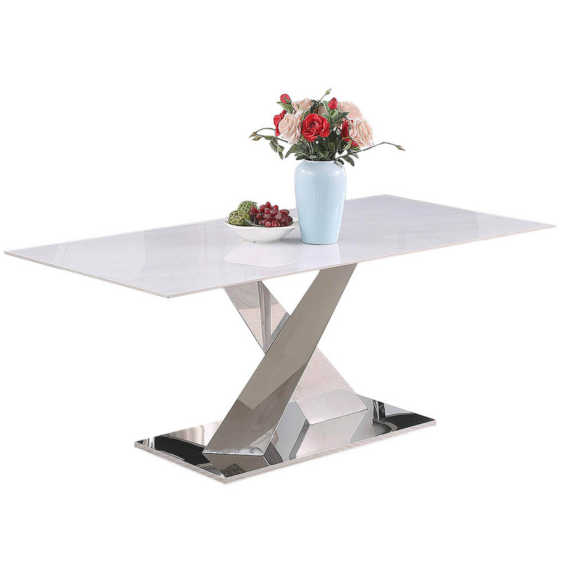 Contemporary White Sintered Stone Dining Table with Steel Base