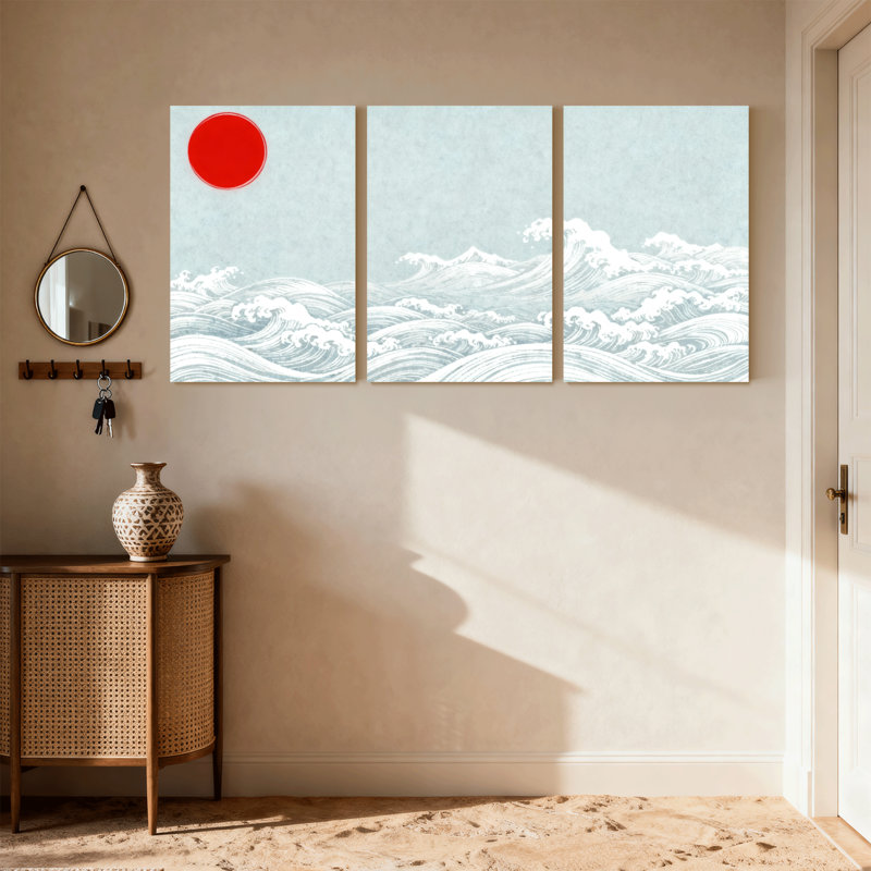 Nautique et plage, vague japonaise et soleil rouge, ensemble de 3 impressions sur toile, H 30 po x l 60 po