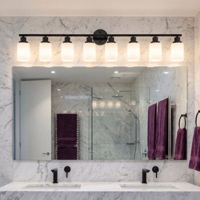 52'' 8-Light Black Bathroom Vanity Light Modern Wall Sconce with Milky White Frosted Glass Shades