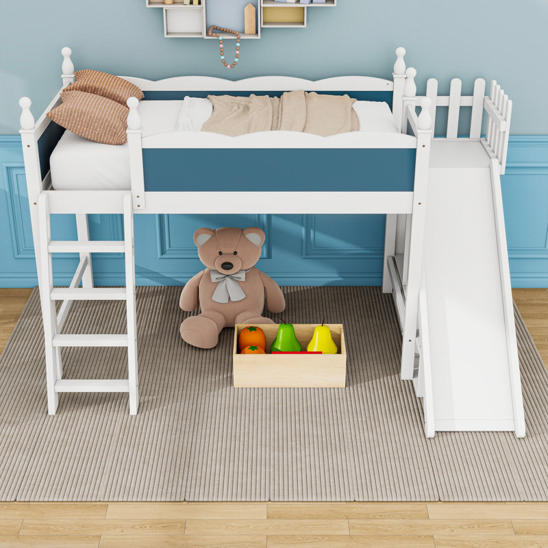 Lit mezzanine en bois avec tablettes de rangement et garde-robe, Lit simple, Bleu / blanc