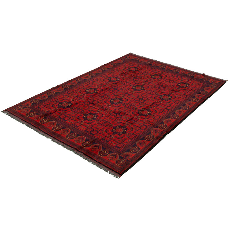 Tapis décoratif en laine rouge noué à la main New Age de conception unique 6 pi 4 po x 9 pi 5 po Deneen