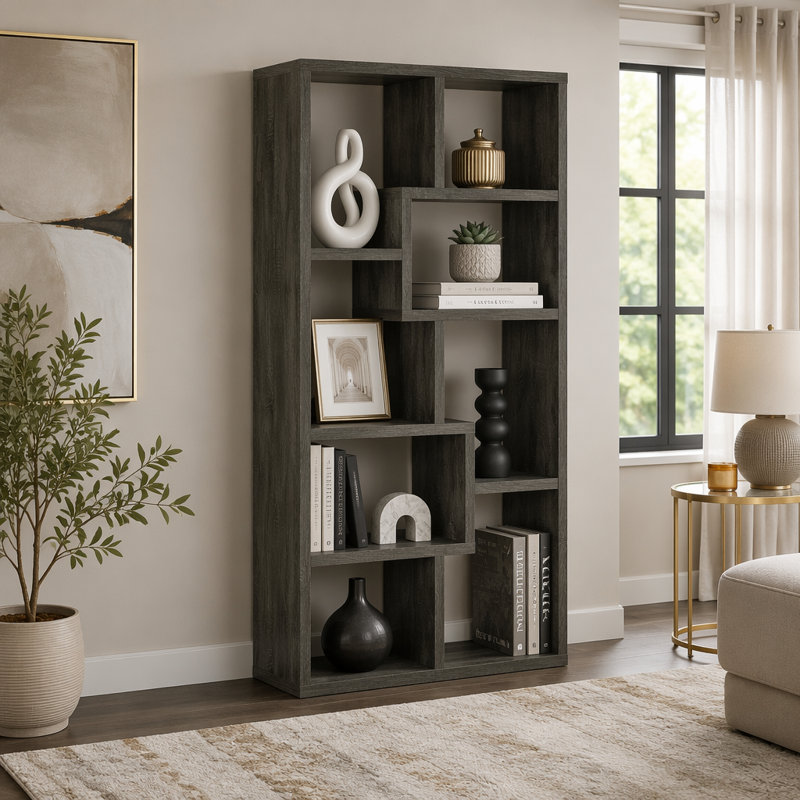 Bibliothèque patinée à 8 tablettes avec structure durable et design élégant pour les espaces de vie modernes