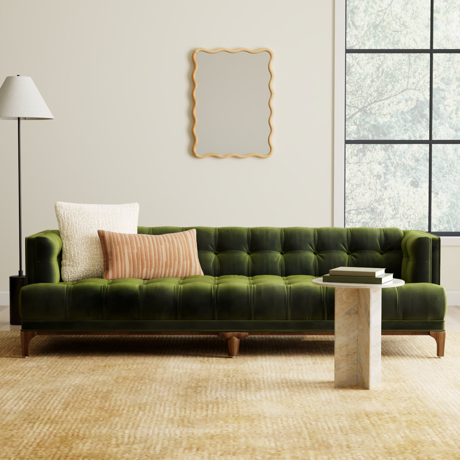 Bari 91'' Tufted Tuxedo Sofa, Sapphire Olive Velvet, Aspen Gray