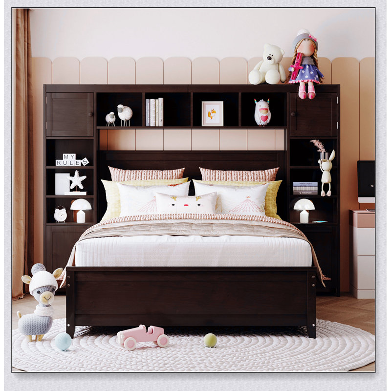 Lit en bois avec armoire et tablette tout-en-un, Espresso