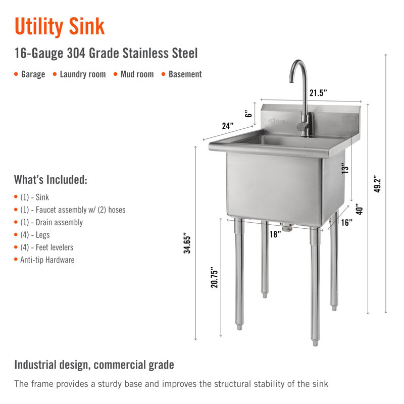 TRINITY NSF Certified 24-in Stainless Steel Freestanding Utility Tub with Faucet