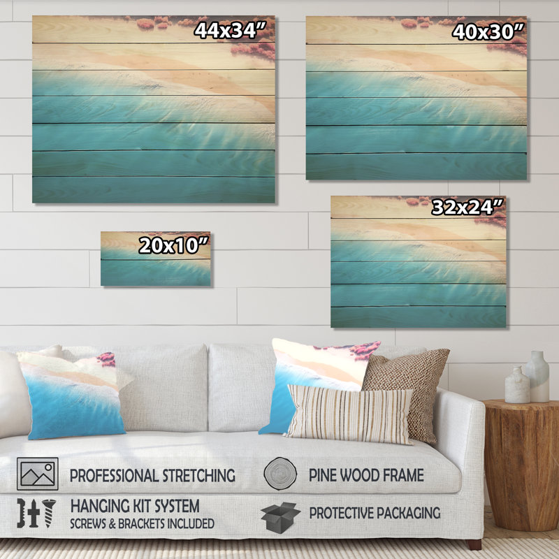 Tropical Beach, vue aérienne des vagues II - plage et océan sur bois, H 10 po x l 20 po