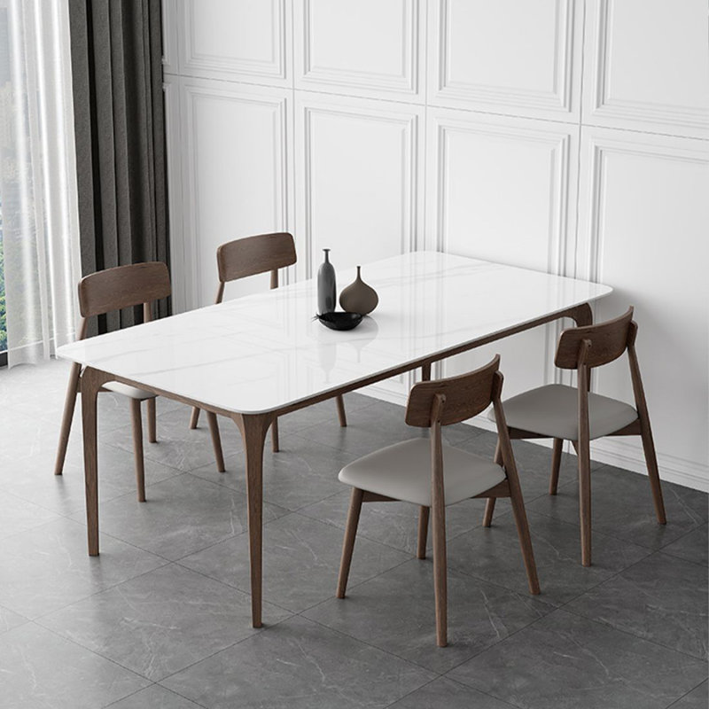 White + Nut-brown Rectangular Sintered Stone + Solid Wood Dining Table, 29.53"H x 62.99"L x 31.5"W