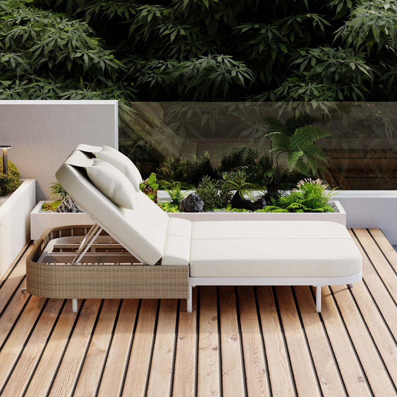 Patio Rattan Daybed With 5-Position Adjustable Backrest And Removable Cushions&Pillows, White