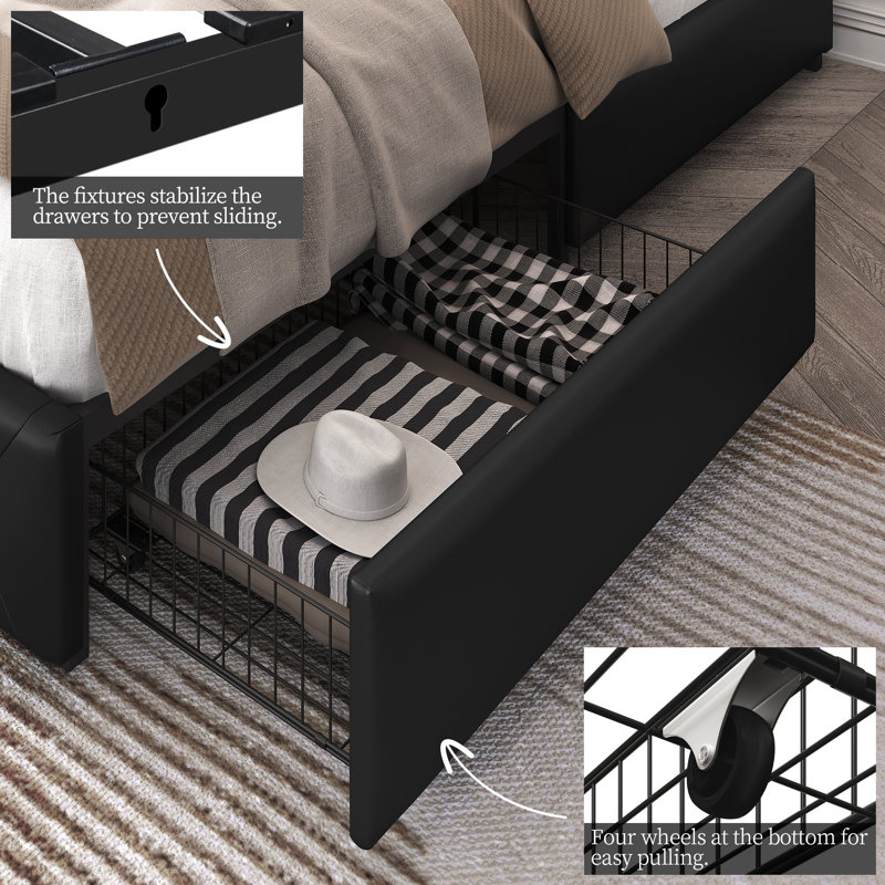 Upholstered Bed Frame with Drawer Storage, Black, Kingsize (5')