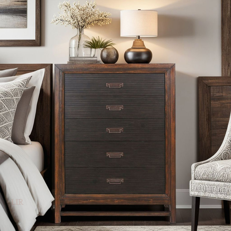 Five-Drawer Chest, No Assembly Required, Two-Tone Finish, Black Dresser, Wood Dresser, Modern Dresser, 5 Drawer Dresser
