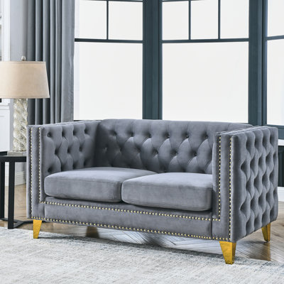 Fashionable Button Velvet For Bedroom, Gray Cozy Bedroom With Square Arm And Buttons,