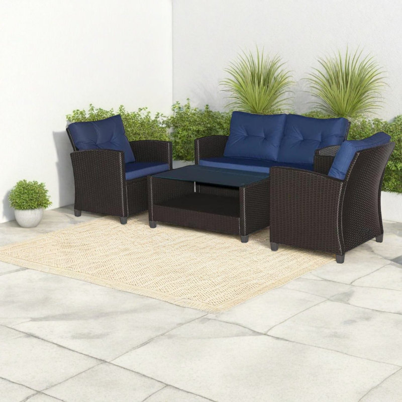 Ensemble de canapés de patio durables 4 pièces, acier et rotin, style moderne pour jardins