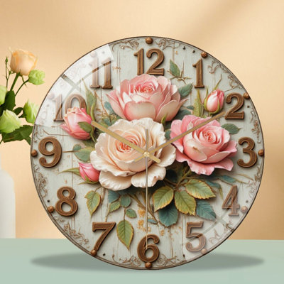 Ornate Clock Face Adorned with Roses Art - 12'' Modern Glass Wall Clock
