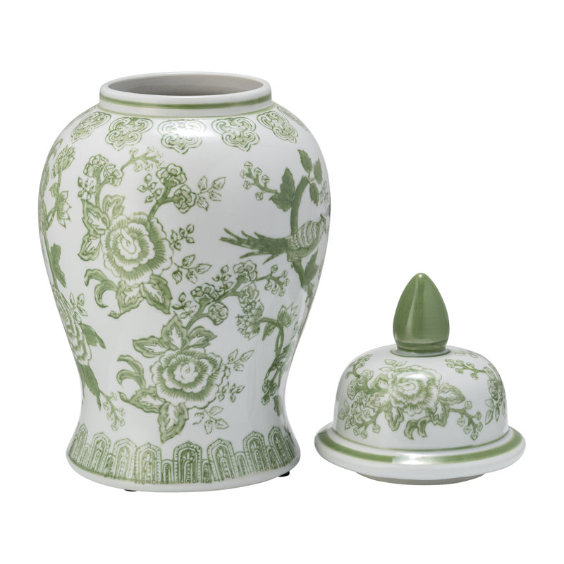 Pot décoratif en céramique avec couvercle Chinoiserie, H 14 po x l 7 po x P 7 po