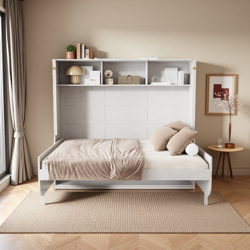 Lit escamotable double avec bureau, blanc antique
