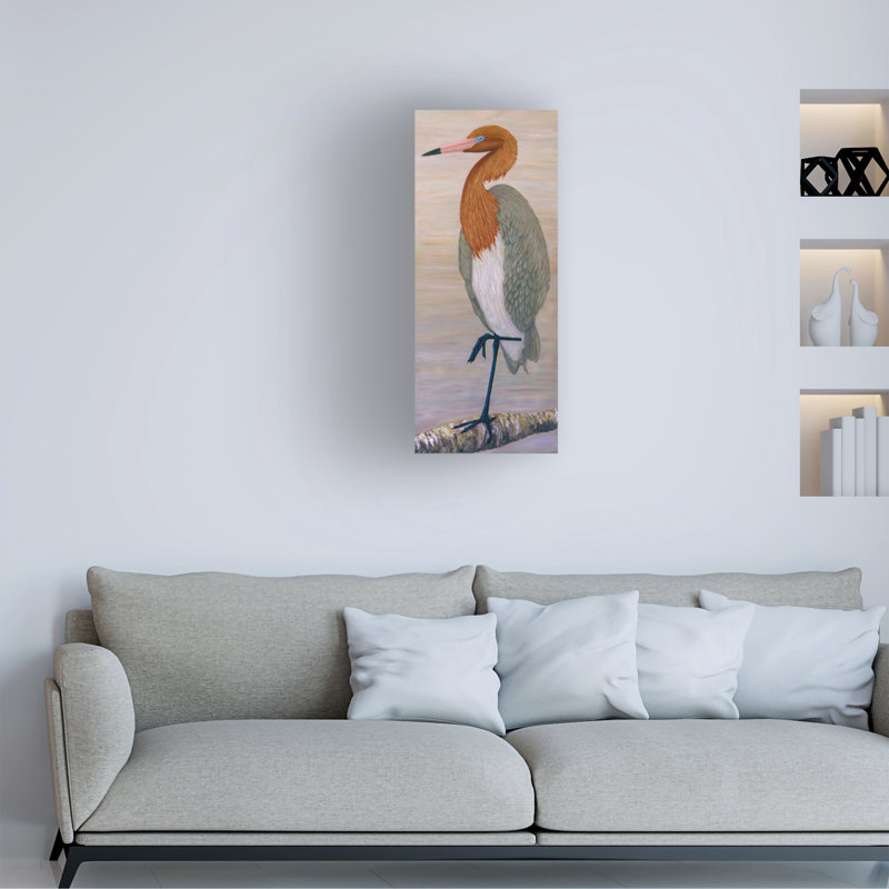 Art mural sur toile tendue - "Red Aish Egret On Piling" par Barbara Fallenbaum pour décoration de salon, de chambre à coucher ou de bureau - 8 x 19