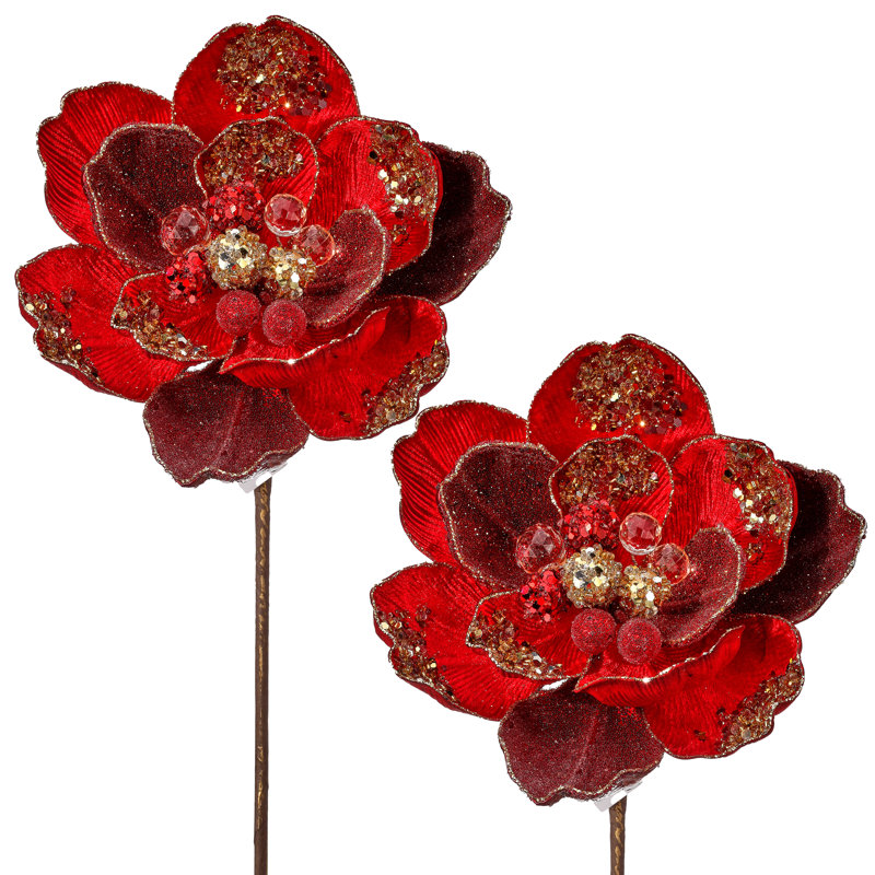 Tige de magnolia incrustée glacée 24 po 24 po, Rouge / doré