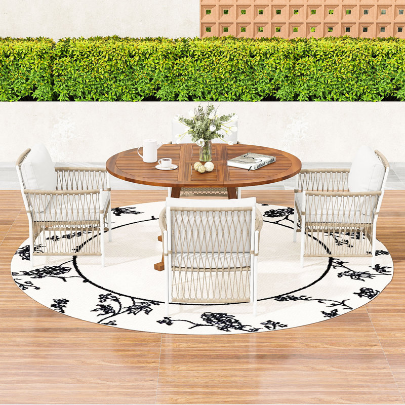 5Pcs Outdoor Extendable Round Dining Set with Acacia Wood Table and 4 Cushioned Rattan Armchairs