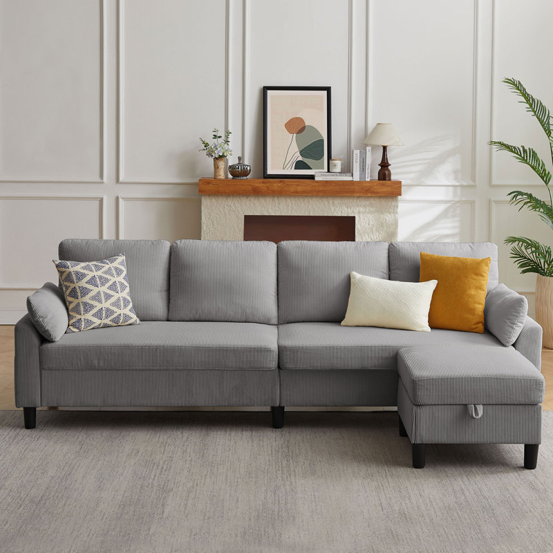 Canapé modulaire rembourré avec repose-pieds 101 po Corduroy, Velours côtelé gris clair