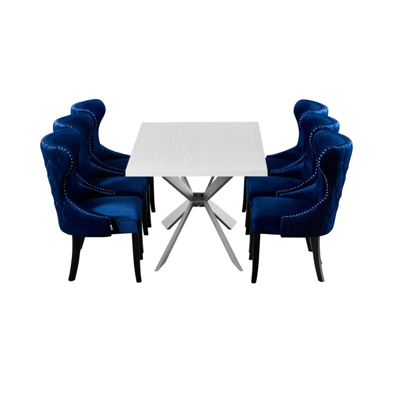 Devries 6 Person Dining set - a Rectangular Wooden Dining Table with Metal Legs and a Set of 6 Quilted Velvet Dining Chairs for Dining Room - Modern Dining Table Set