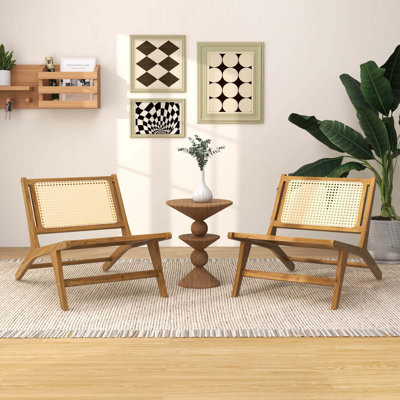 Bayou Breeze 2 Pcs Mid Century Modern Teak Wooden Chair With Handwoven Rattan Seat & Backrest