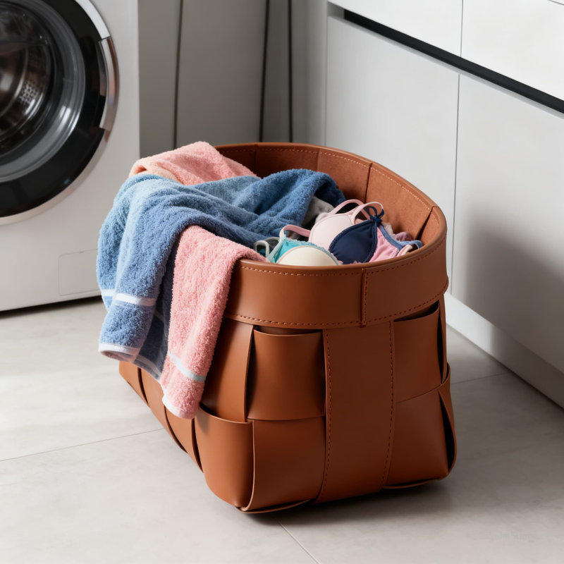 Scandinavian Style Woven Leather Laundry Hamper - Stylish Storage Basket For Clothes, Snacks, And More With Handles For Home And Living Room