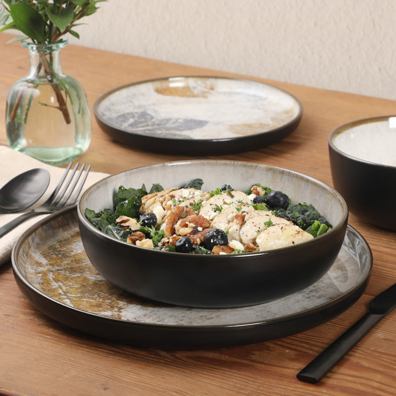 Gibson Elite Chantilly Hill 16-Piece Porcelain Dinnerware Set, Round Plates & Bowls, Multicolor Leaf Design, Microwave & Dishwasher Safe, Service for 4