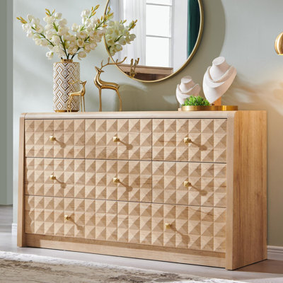     Modern 8 Drawers Dresser for Bedroom, 56" Wide Diamond-Textured Wood Dressers & Chests of Drawers w/Curved Profile Design, Mid Century Modern Dresser