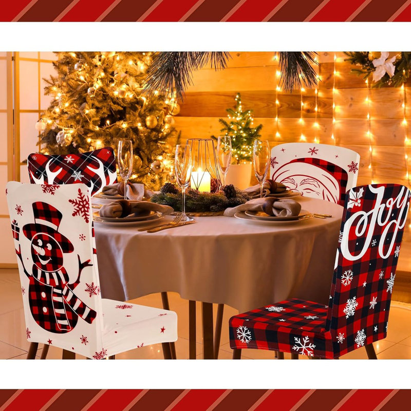 8 Pcs Christmas Chair Covers Santa Claus Xmas Stretch Chair Back Slipcovers Snowflake Snowman Gnome Tree Seat Cover Spandex Removable Washable Chair Protector For Dining Room Home(Retro)