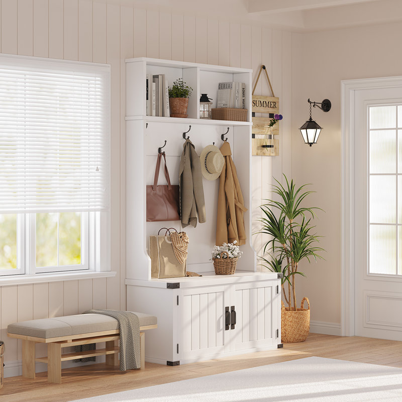 76-Inch Hall Tree with Bench and Shoe Storage in White -  Entryway Bench with Coat Rack. 4 Shoe Compartments. 4 Coat Hooks and Top Storage for Mudroom