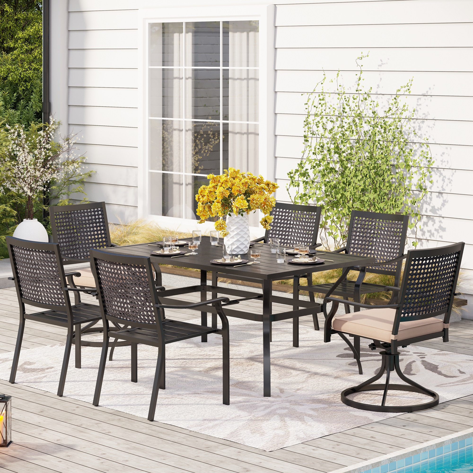6 person patio table with umbrella MIXPATIO Outdoor Dining for 6, Long Metal Table w/ Hole This MF Studio 4 person outdoor dining set comes with four swivel outdoor dining chairs Patio Dining Table Tile With