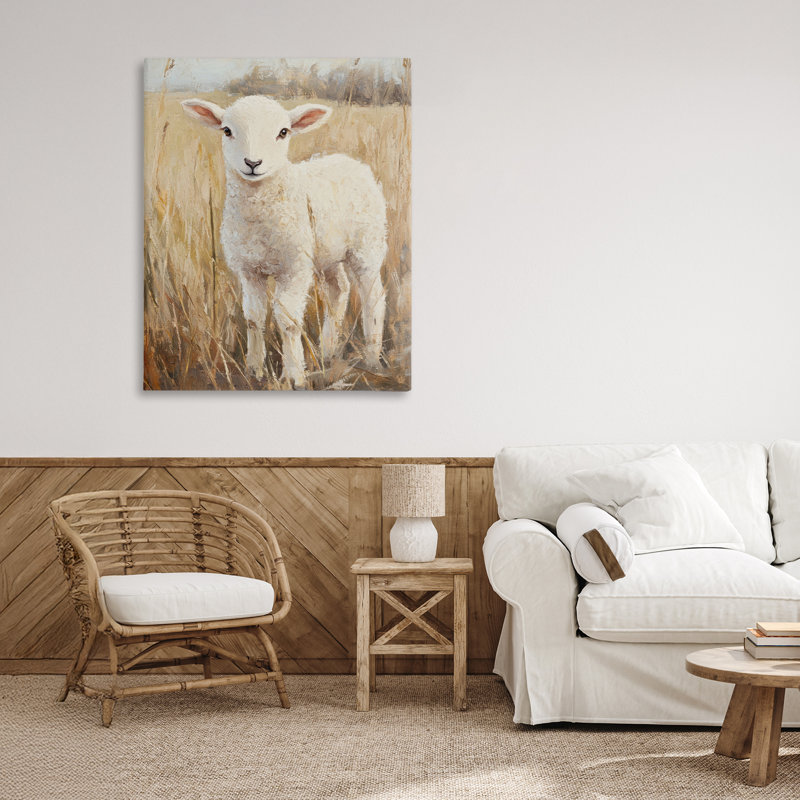 Curly Lamb in Grassy Field Canvas, design par Petal Prints Design, H 40 po x l 30 po