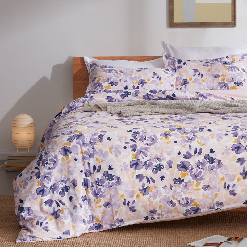 Twill Floral Duvet Cover, Full/Queen Duvet Cover + 2 Shams, Watercolor Floral Purple
