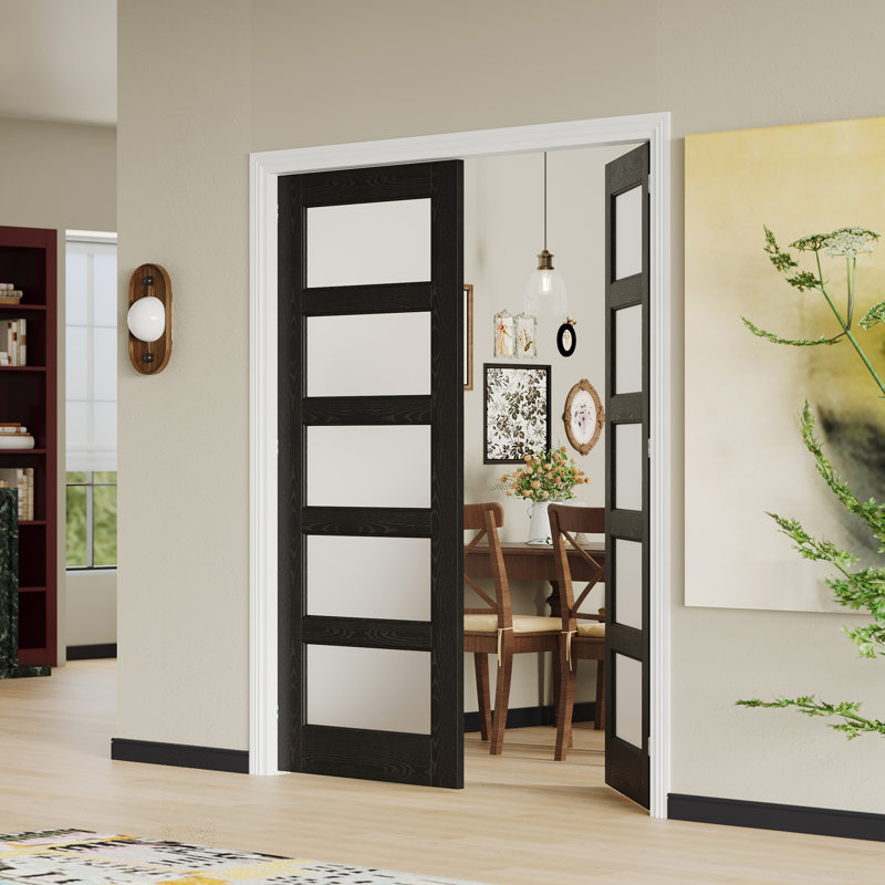 Double porte intérieure française avec cadre assorti - portes de garde-manger intérieures en MDF en verre givré noir 5 Lite avec moulures décoratives