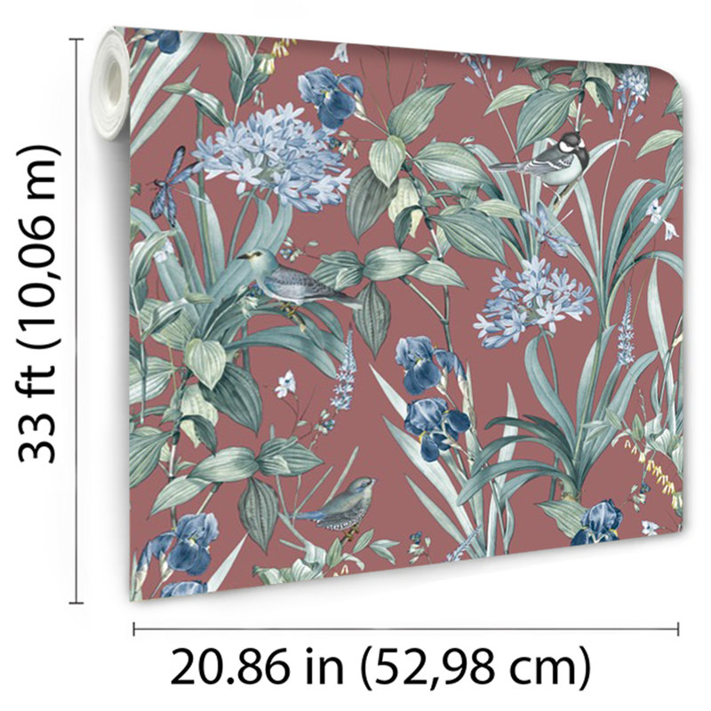 Papier peint botanique Mint Birds and Dragonflies, Rouge
