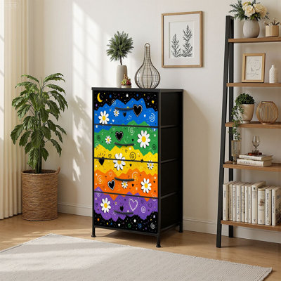 4 Drawer Vertical Storage Dresser Colorful Rainbow Zigzag Hearts Daisies Stars with Wood Top Fabric Pull Drawers