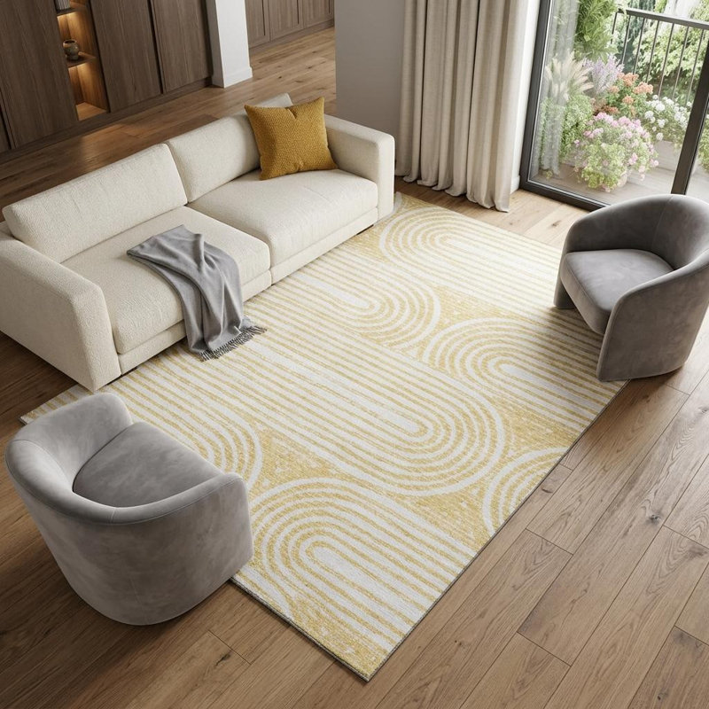 Tapis lavable géométrique doré et ivoire 8 pi x 10 pi avec protection UV