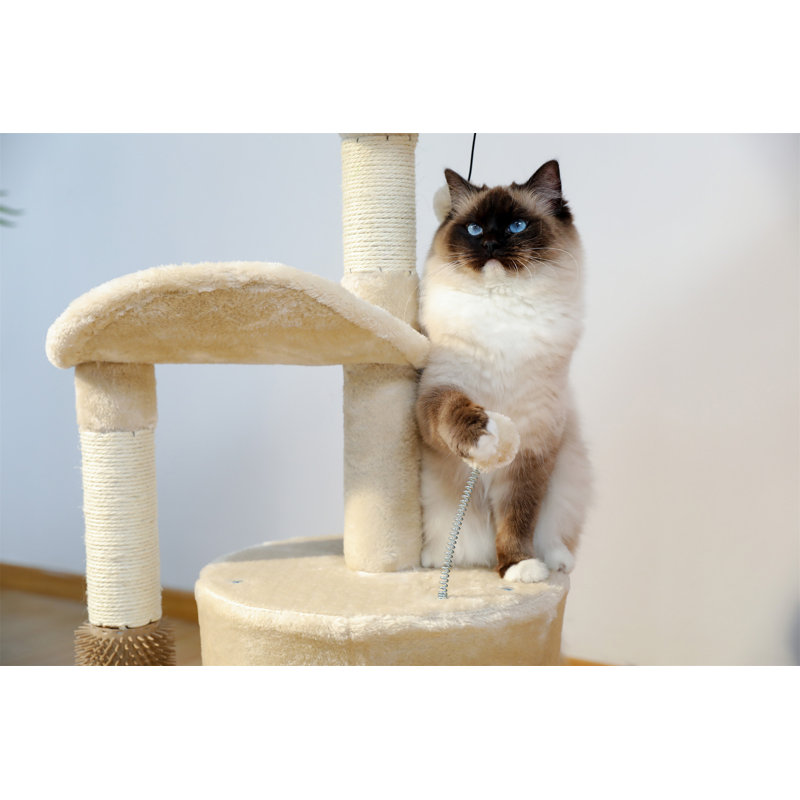 Petit arbre à chat pour chat d'intérieur, tour de chat moyenne avec jouet pour chat interactif, condo pour chat 32,7 po avec brosse auto-toilettée, griffoir naturel pour chat, boules pendantes pour petits et moyens chats