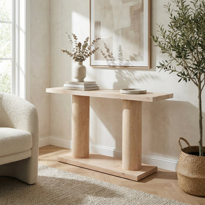 Minimalist Wooden Console Table with Architectural Column Pedestal Base for Entryway, Living Room, and Hallway Decor