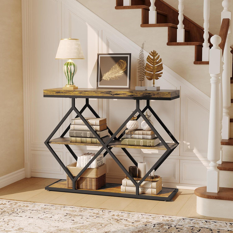 Modern 3-Tier Narrow Console Table with Gold Metal Legs for Entryway, Living Room & Hallway, Dark Brown Wood