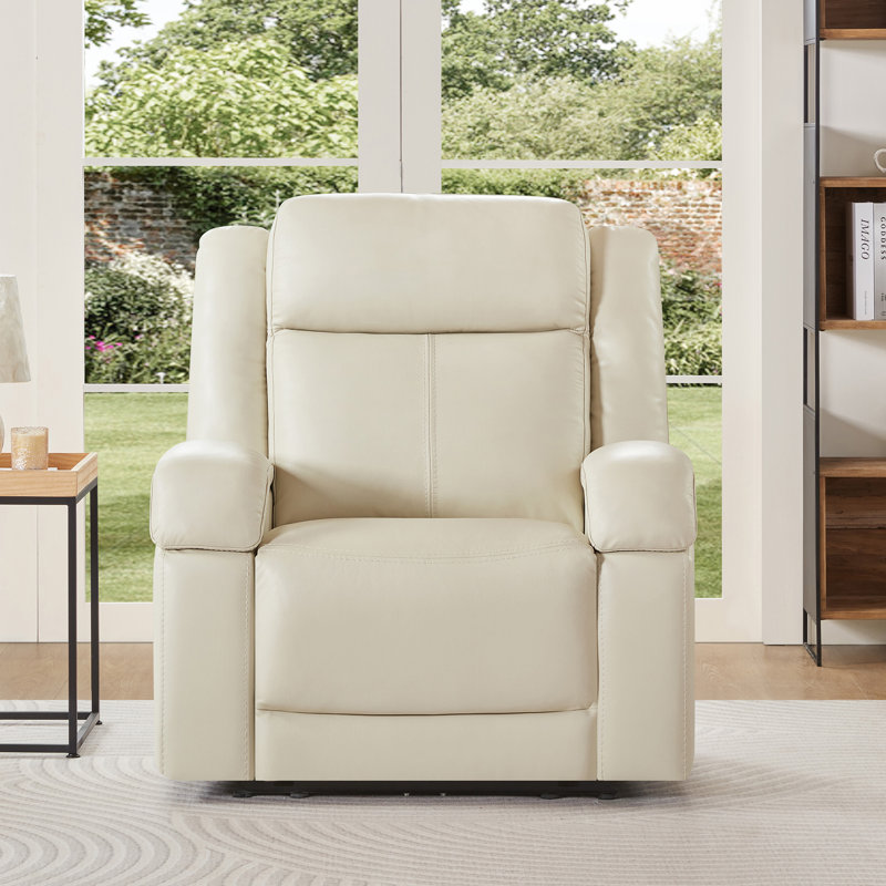 Oversized Genuine Leather Zero Wall Power Recliner with Adjustable Headrest, Cream