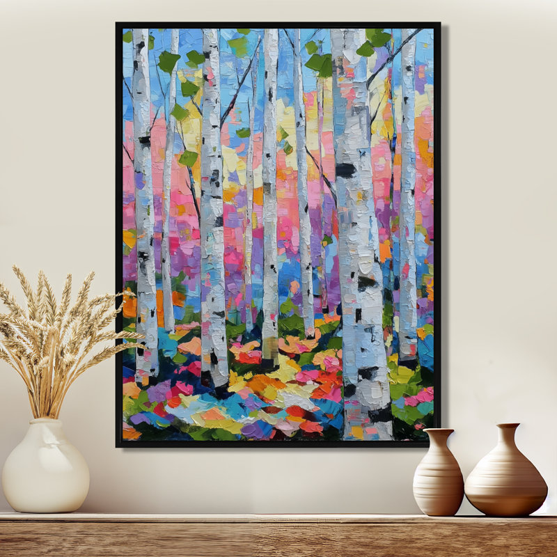 «Pink Orange Vibrant Birch Forest», impression d'art sur toile rose nature, H 20 po x l 12 po, Cadre flottant, Noir